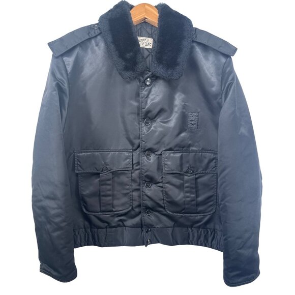 Vintage Tuffy Jac Mens Bomber Jacket Sz M Black Nylon Police Fire Flight FullZip - Picture 1 of 13